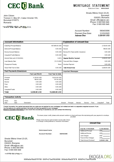 Relevé hypothécaire de la banque CEC de Roumanie aux formats Word et PDF